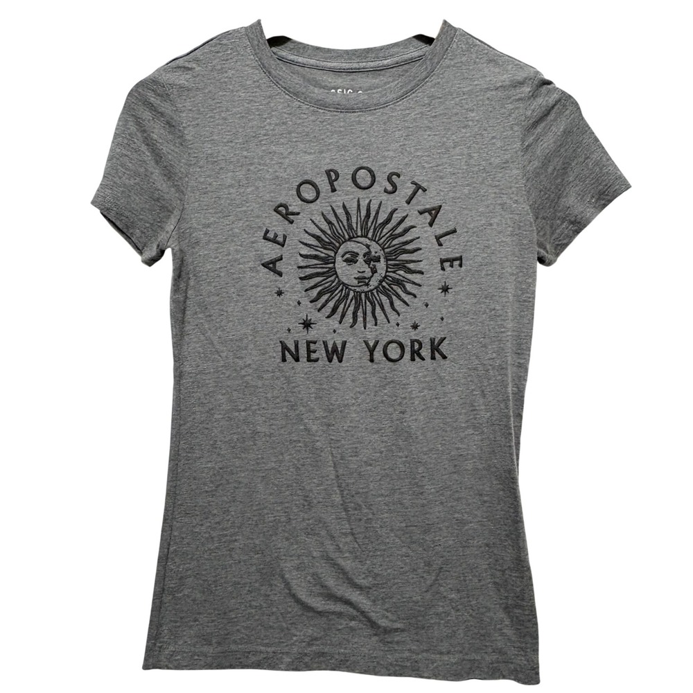 Y2K Aeropostale‎ Womens Graphic Tee S Gray Celestial Sun New York Retro Artcore
